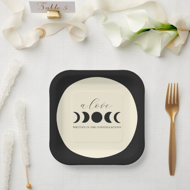 Lunar Luxe Black & Cream Moon Phase Wedding  Paper Plates (Wedding)