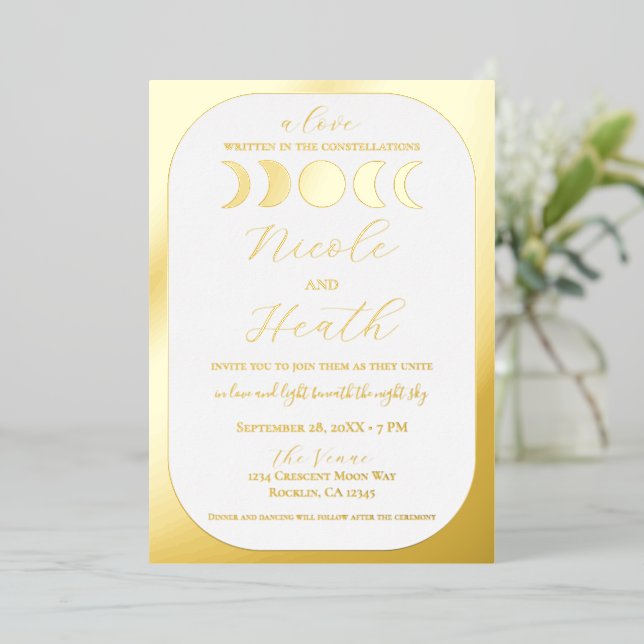 Lunar Luxe Real Gold Foil Moon Phase Wedding  Foil Invitation (Standing Front)