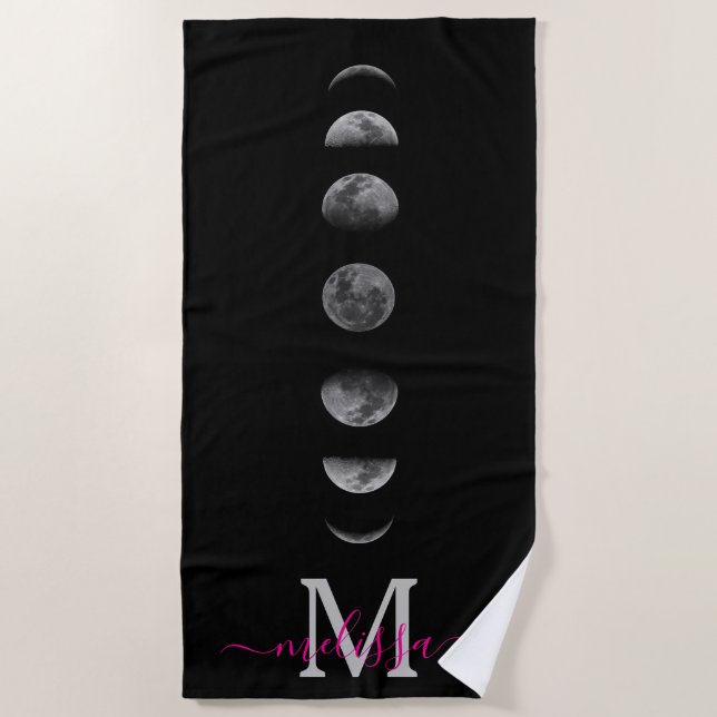 Lunar Moon Phases | Celestial Personalized Name Beach Towel (Front)