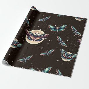 Lunar Moths Full Moon on Black Wallpaper Wrapping Paper