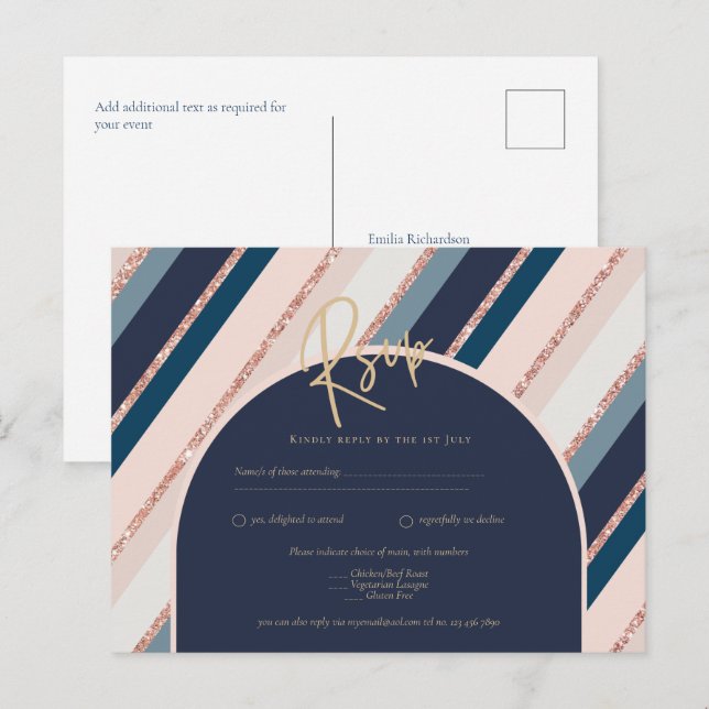 Lunar Navy Blue Blush Pink Rose Gold Wedding Postcard (Front/Back)