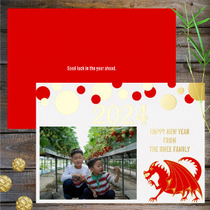 Lunar New Year 2024 Red Dragon Add Your Photo Gold Foil Holiday Card