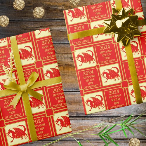 Lunar New Year 2024 Red Dragon Asian Lucky Pattern Wrapping Paper