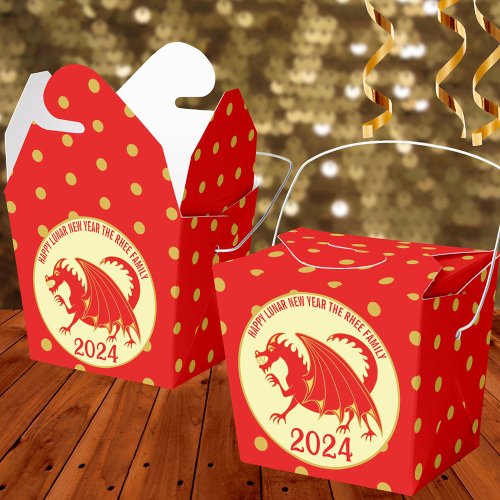 Lunar New Year 2024 Red Dragon Fun Polka Dot Party Favor Boxes