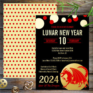Lunar New Year 2024 Red Dragon Modern Black Gold Foil Invitation
