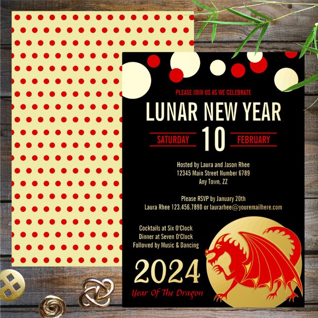 Lunar New Year 2024 Red Dragon Modern Black Gold Foil Invitation (Creator Uploaded)