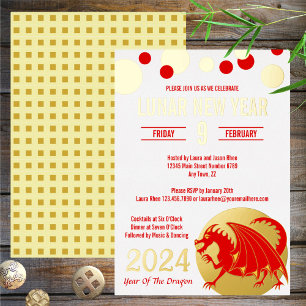Lunar New Year 2024 Red Dragon Modern White Gold Foil Invitation