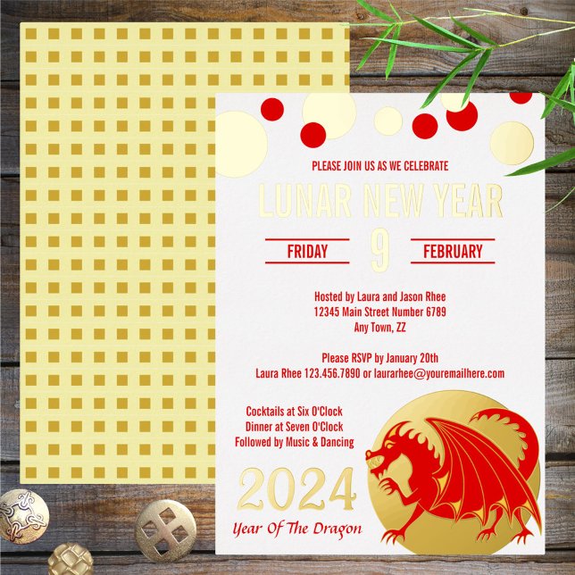Lunar New Year 2024 Red Dragon Modern White Gold Foil Invitation (Creator Uploaded)