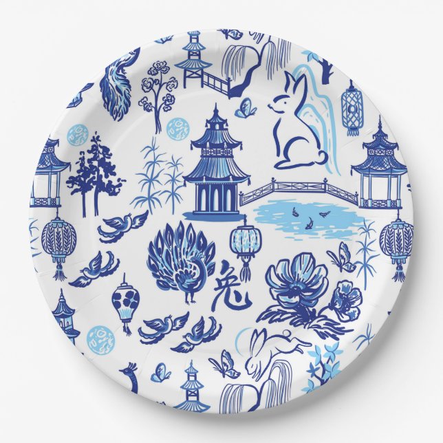 Lunar New Year Rabbit Chinoiserie Paper Plates (Front)