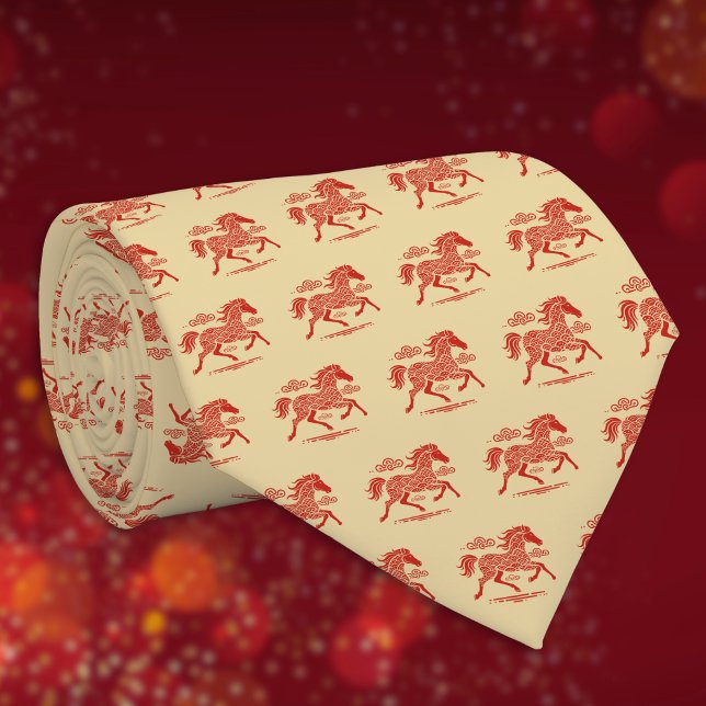 Lunar New Year Red Horse n Clouds on Gold Pattern Neck Tie (Creator Uploaded)