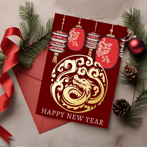 Lunar New Year Red Lantern Gold Dragon Foil Holiday Card