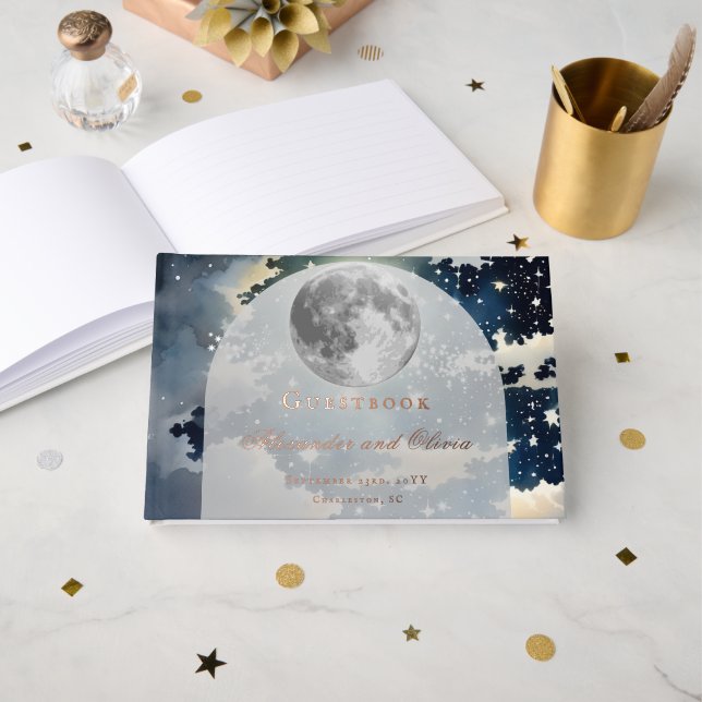 Lunar Night Sky Wedding Foil Guest Book (Front Open)