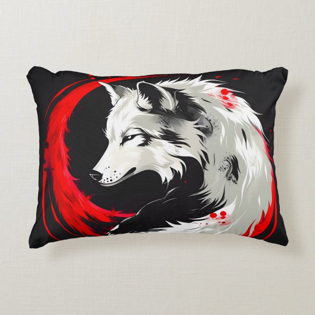 Lunar Red White Wolf Accent Pillow (Front)
