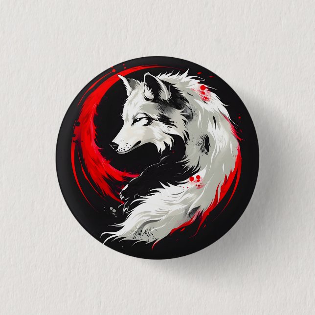 Lunar Red White Wolf Button (Front)