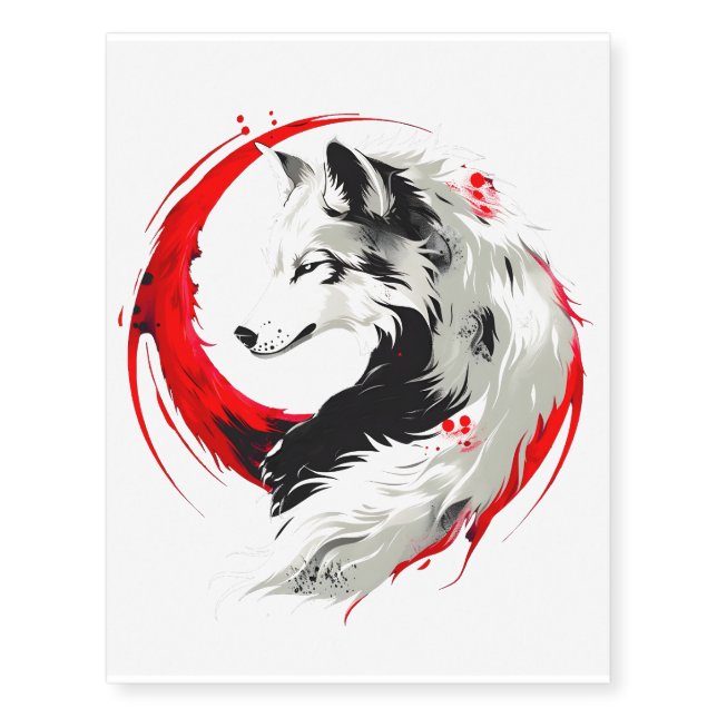 Lunar Red White Wolf Temporary Tattoos (Front)