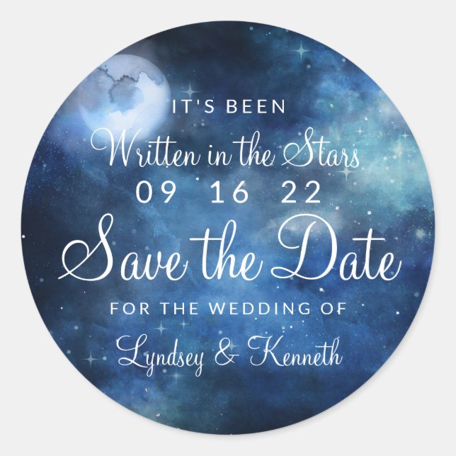 Lunar Sky Full Moon Celestial Galaxy Save the Date Classic Round Sticker (Front)