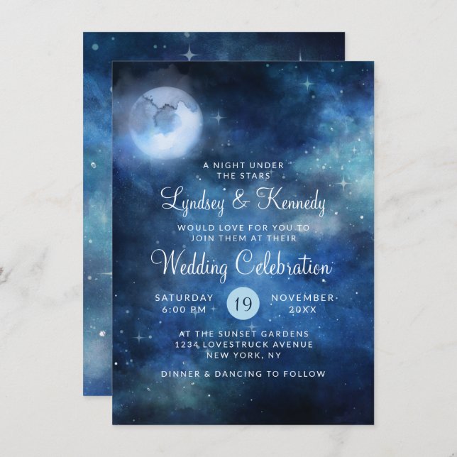 Lunar Sky Full Moon Night under the Stars Wedding Invitation (Front/Back)