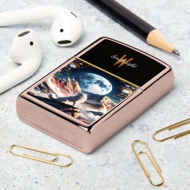 Lunar Symphony: Wolf Howls at Night Zippo Lighter (On Table 2)