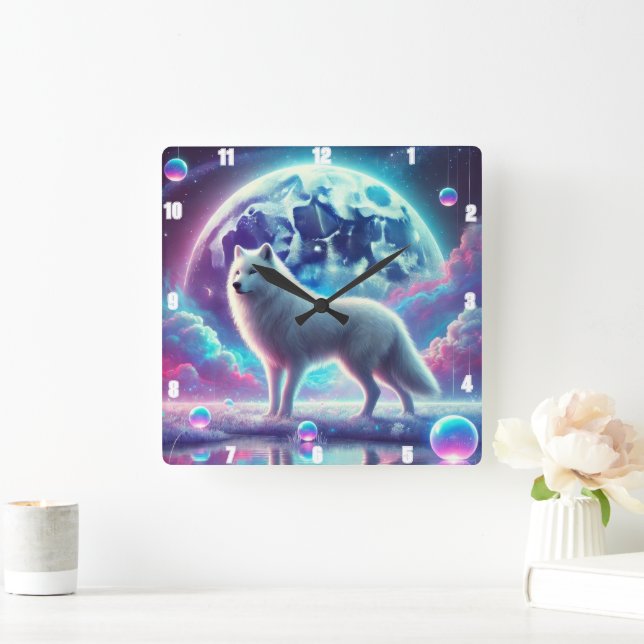 Lunar Wolf Dream Square Wall Clock (Home)