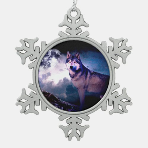 Lunar wolf snowflake pewter christmas ornament