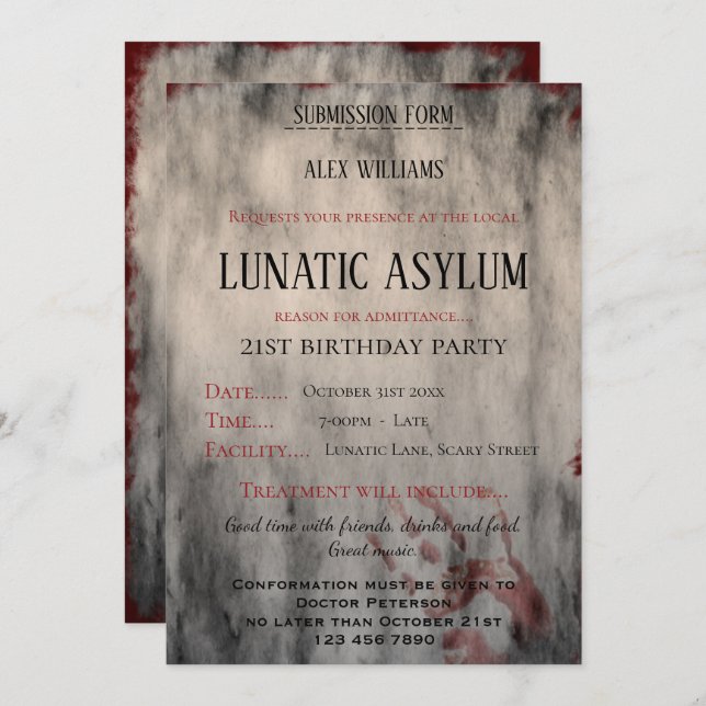 Lunatic Asylum Birthday Party Invitation (Front/Back)