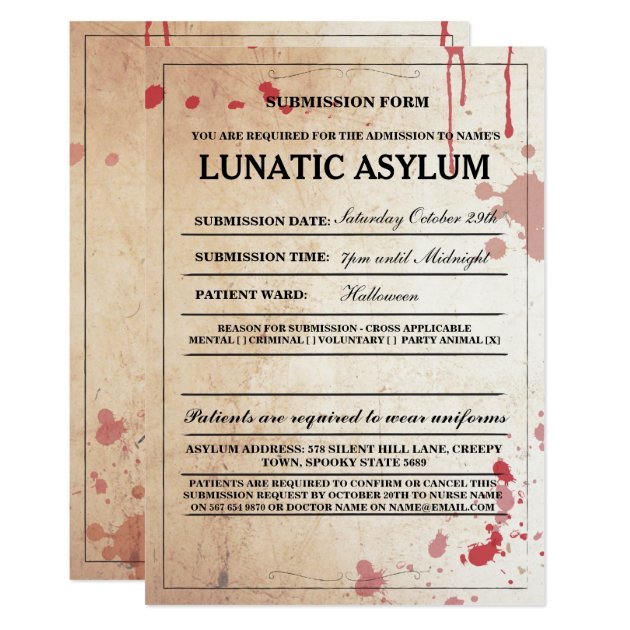 Lunatic Asylum Form Halloween Party Invite