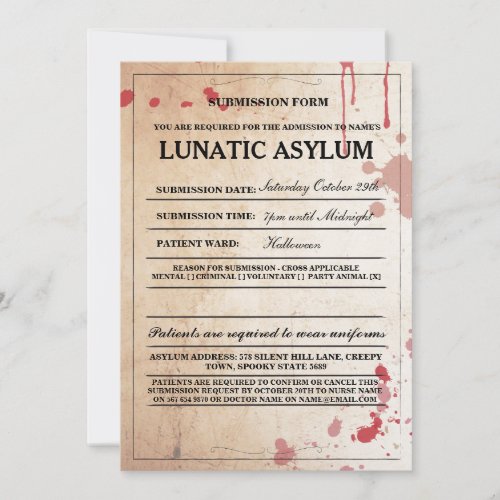 Lunatic Asylum Form Halloween Party Invite