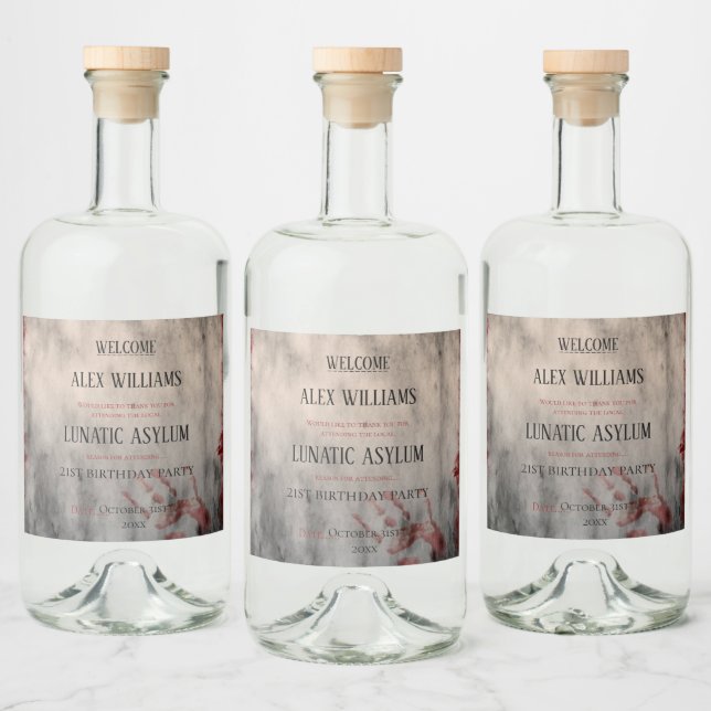 Lunatic Asylum Halloween Birthday Liquor Bottle Label (Bottles)
