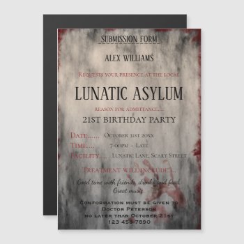 Lunatic Asylum Halloween Birthday Magnetic Invitation by Sarah_Designs at Zazzle