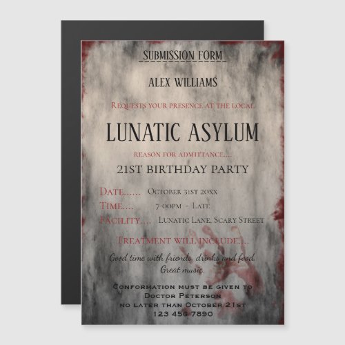 Lunatic Asylum Halloween Birthday Magnetic Invitation