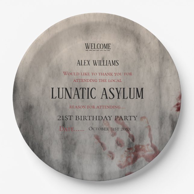 Lunatic Asylum Halloween Birthday Paper Plates (Front)