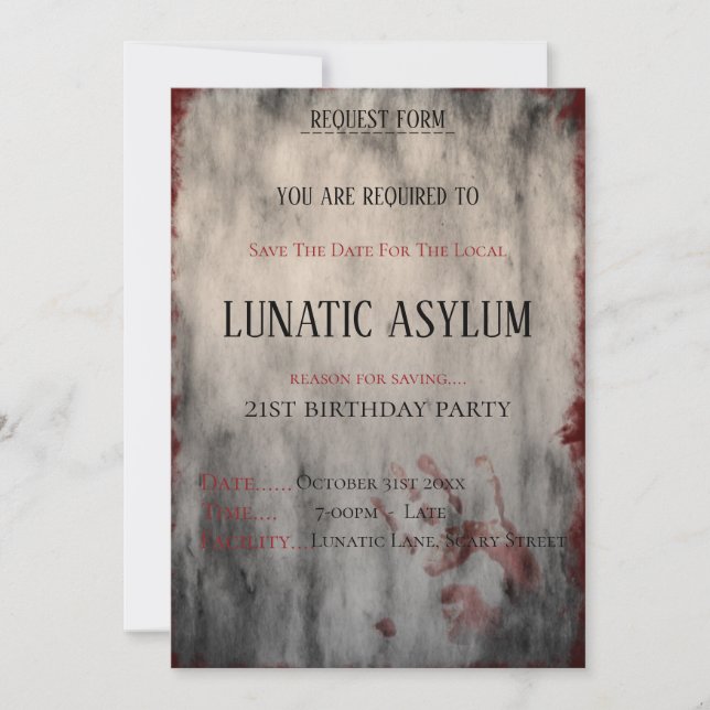 Lunatic Asylum Halloween Birthday Save The Date (Front)