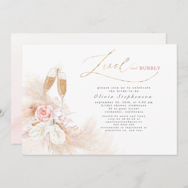 Lunch and Bubbly Bridal Shower Pampas Grass Invitation (Front/Back)