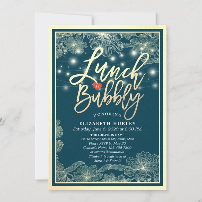 Lunch & Bubbly Bridal Shower Blu Gold Floral Light Invitation (Front)