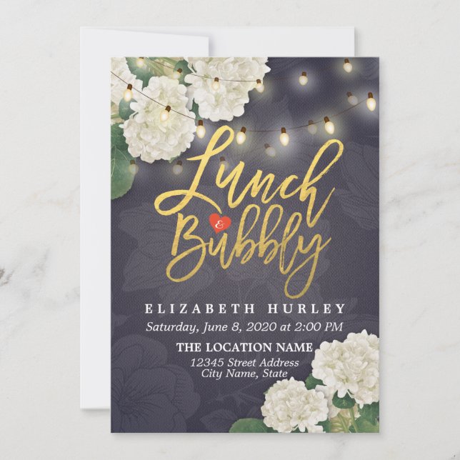 Lunch & Bubbly Bridal Shower Flowers String Lights Invitation (Front)