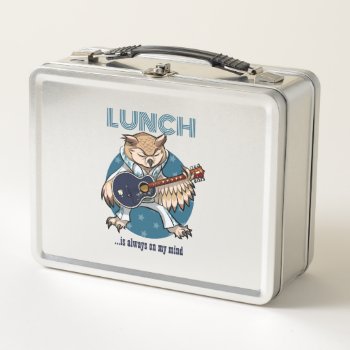 Lunch Is Always On My Mind Guitar Owl Cartoon Metal Lunch Box by NoodleWings at Zazzle