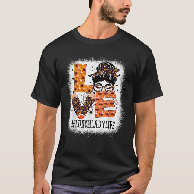 Lunch Lady Love Messy Bun Pumpkin Women Halloween  T-Shirt (Front)