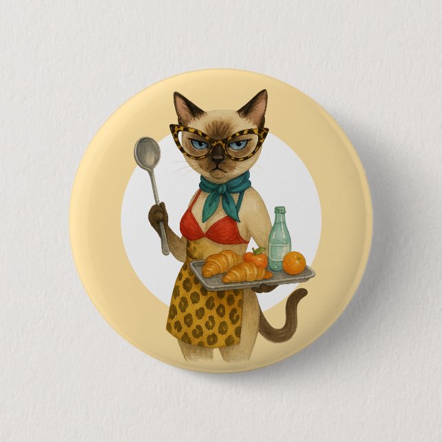 Lunch Lady Serving food  for Cat Lovers Cafeteria  Button (Front)