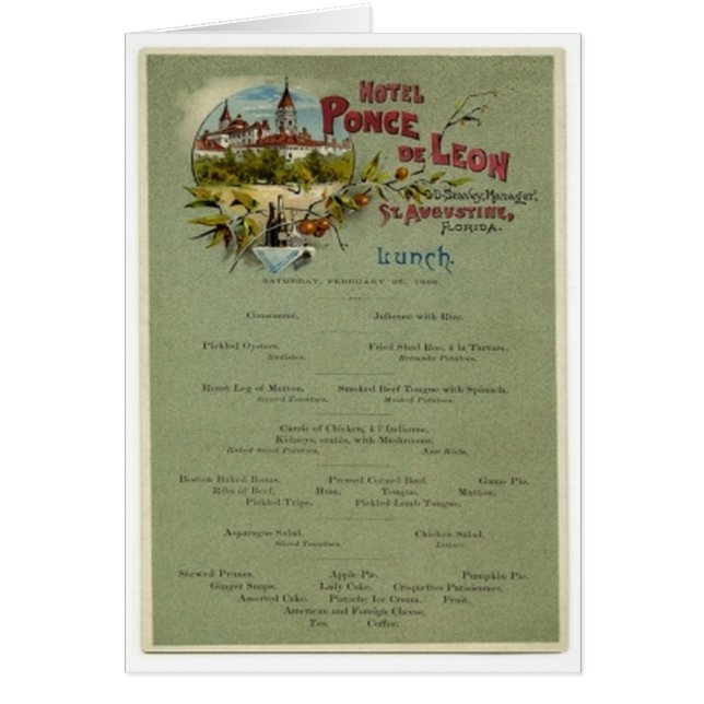 Lunch Menu, Ponce de Leon Hotel, St. Augustine Cards (Front)