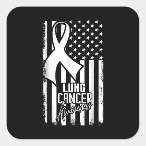 Lung Cancer Awareness American Flag White Ribbonp Square Sticker