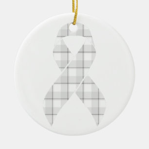 Lung Cancer Awareness Plaid White Ribbon Ceramic Ornament