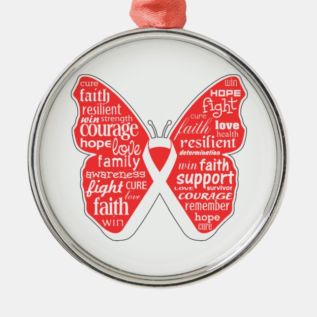 Lung Cancer Butterfly Collage of Words Metal Ornament (Front)