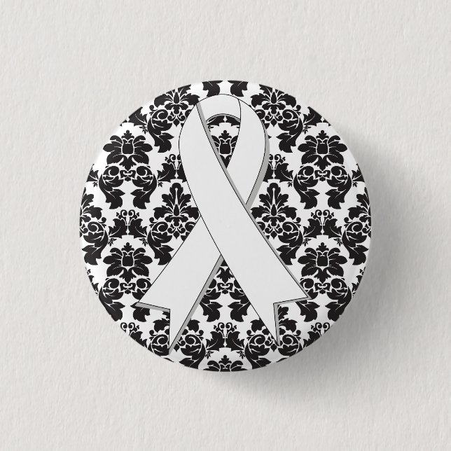 Lung Cancer Damask Pearl Ribbon Pinback Button (Front)