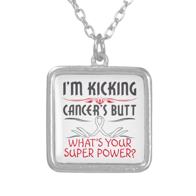 Lung Cancer Kicking Cancer Butt Super Power Silver Plated Necklace (Front)