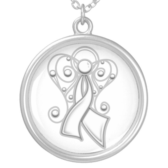 Lung Cancer Ribbon Angel In Memory Silver Plated Necklace (Front)