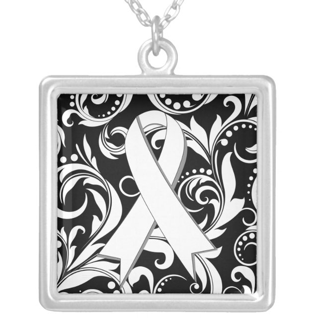 Lung Cancer Ribbon Deco Floral Noir Silver Plated Necklace (Front)