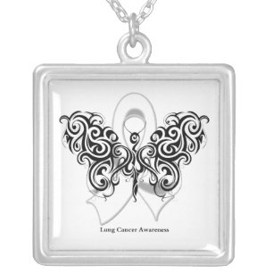 Lung Cancer Tribal Butterfly Ribbon Silver Plated Necklace