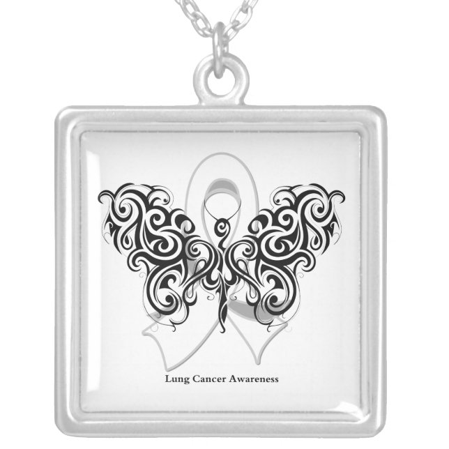 Lung Cancer Tribal Butterfly Ribbon Silver Plated Necklace (Front)