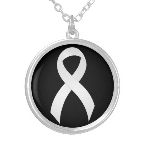 Lung Cancer White Ribbon Silver Plated Necklace