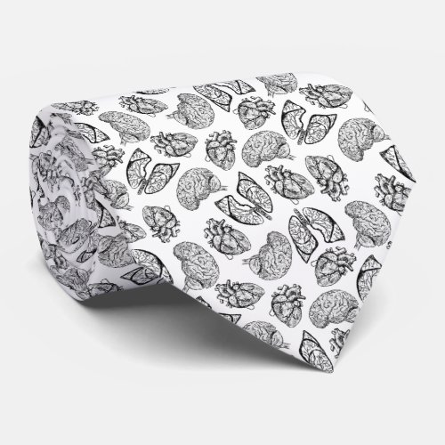 Lung Heart Brain  Black on White Neck Tie